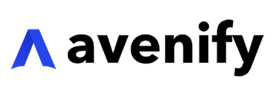 Logo for Avenify with black font and a blue emblem