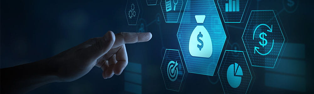 Finger pointing at digatl money icon on a screen