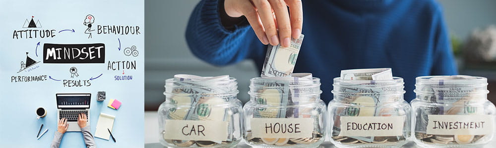 financial literacy Chart on the left that says  mindset with attribution words around it such as attitude, behavior, action, results and persistence.  On the right is a hand putting money into labeled jars: car, house, education and investment. 