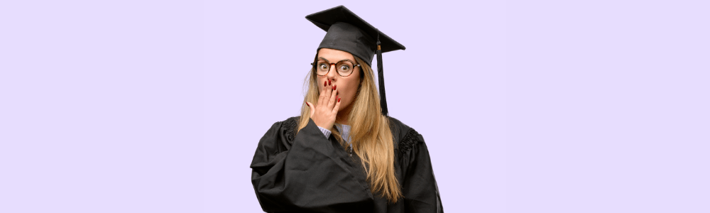 college graduate with hand over mouth and nervous look