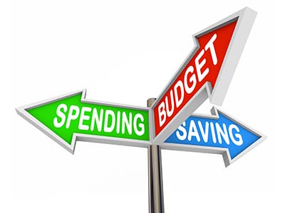 Sign with 3 arrows in different directions, spending, budget and saving