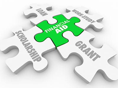 Puzzle pieces noting types of financial aid such as student loan, work study, grant, and scholarship