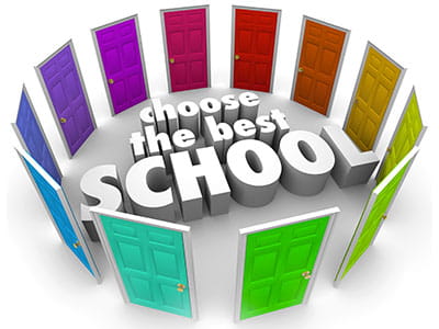Colorful doors in a circle with choose the best school written inside to convey concept of choosing a college
