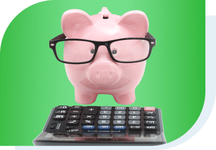 Piggy bank wearing glasses looking at a calculator on a page for calculating student loans
