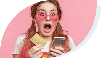 credit - girl shocked holding credit card and phone - her purchase was declined