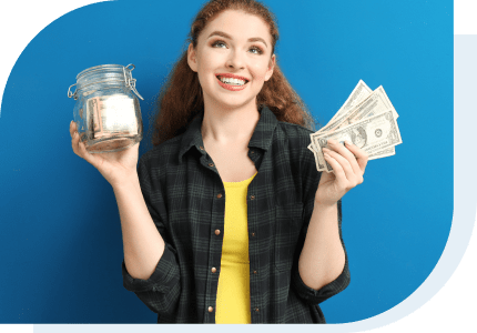 debt management - girl holding money and jar with money deciding if she should spend or save