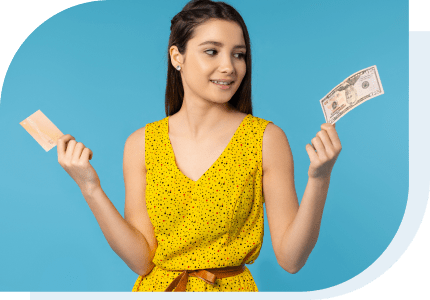 money management - girl deciding how to pay cash or credit
