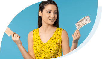 money management - girl deciding how to pay cash or credit