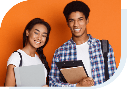 boy and girl holding notebooks smiling as they plan to go to college