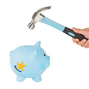 Hammer about to break a piggy bank